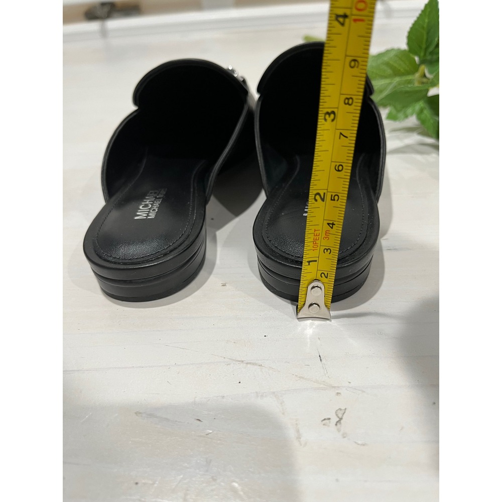 NEW Michael Kors Black Leather Mules Slides Loafers Size 6M Silver MK Chain - Picture 4 of 7